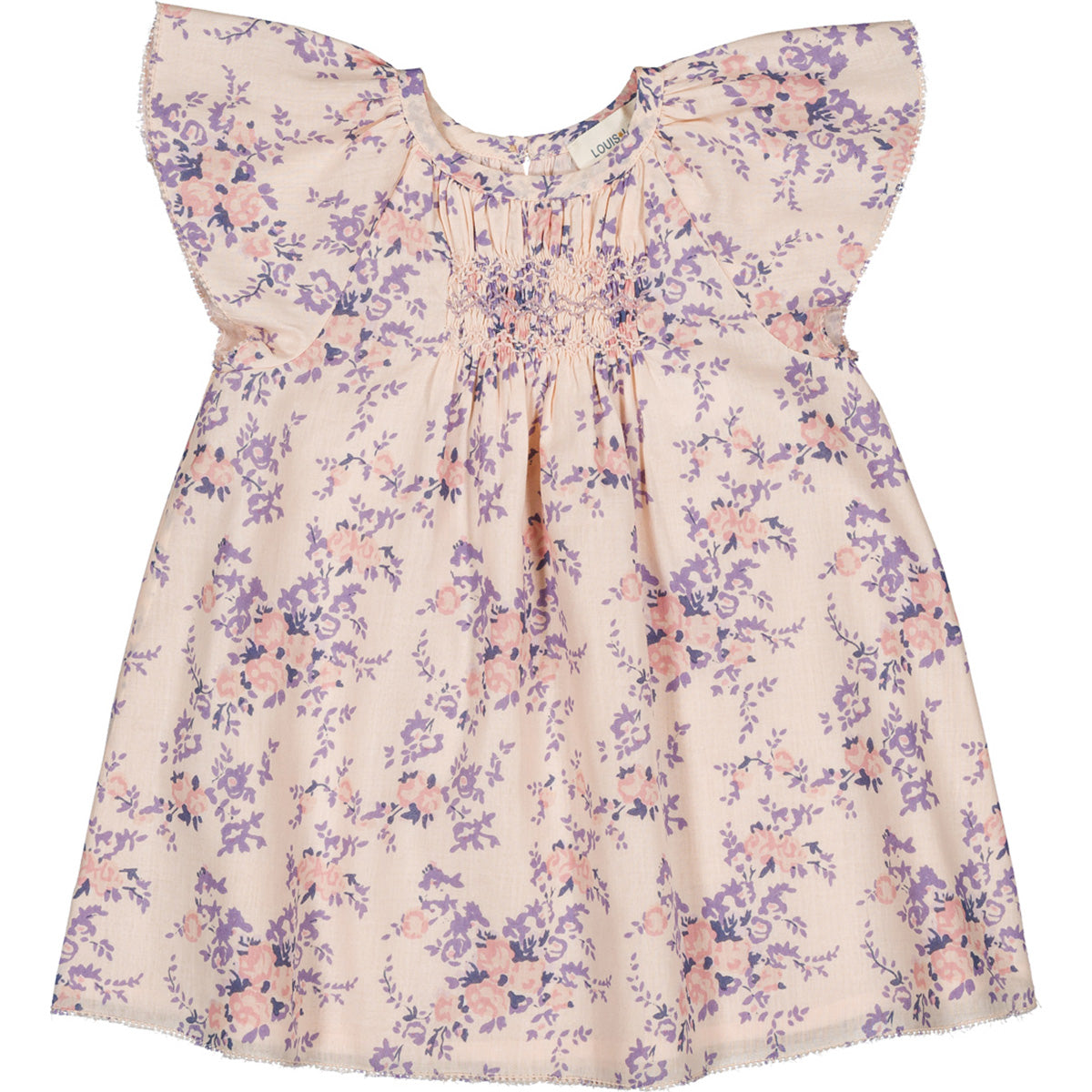 Louis Louise Donna Cotton Bouquet Dress in floral cotton with flutter sleeves and smocked bodice.
