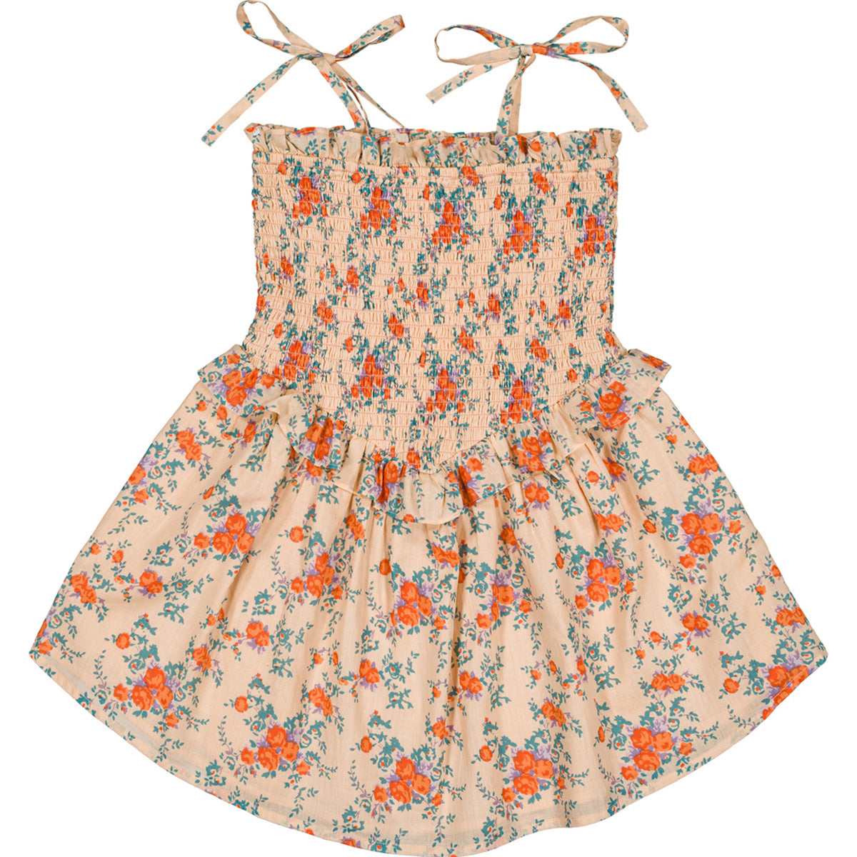 The Eden Cotton Bouquet Dress from Louis Louise in nude-orange floral cotton with smocked bodice and tie straps.