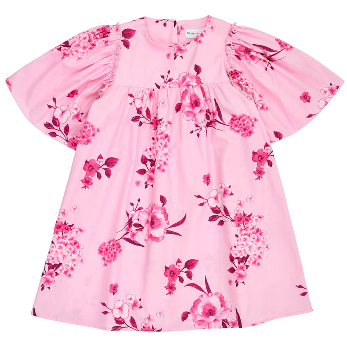Christina Rohde pink floral dress with short puff sleeves, gathered waist, and scattered flower print.