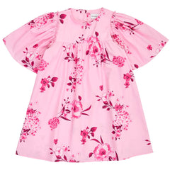 Christina Rohde pink floral dress with short puff sleeves, gathered waist, and scattered flower print.