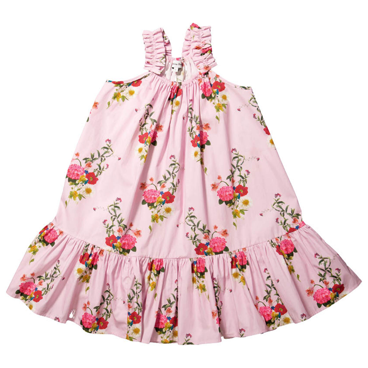 The Pink Floral Dress from Christina Rohde. This floral midi dress features a tiered skirt and frilly straps