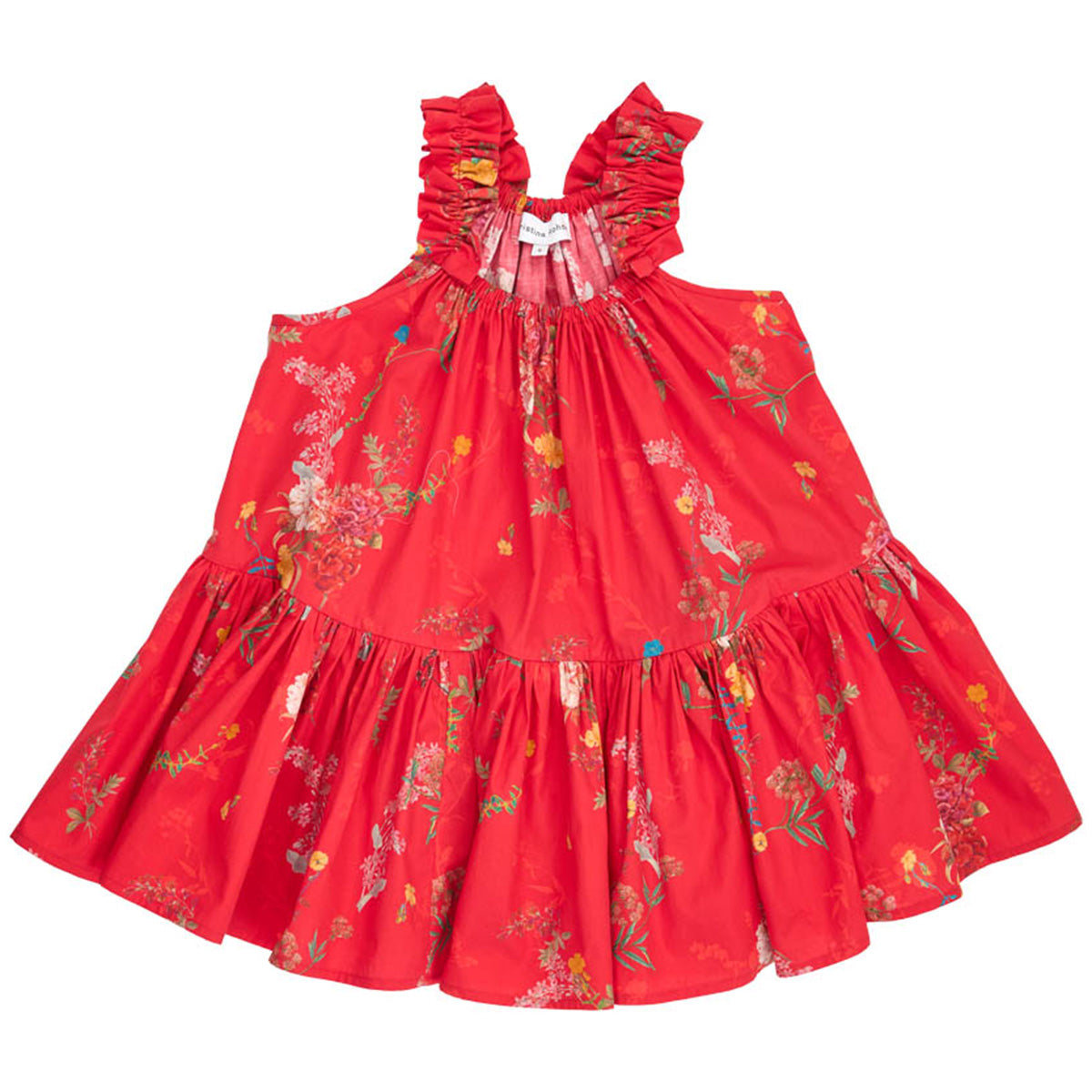 Red Floral Dress by Christina Rohde, red tiered kids dress with ruffle straps and allover floral print