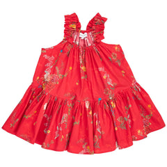 Red Floral Dress by Christina Rohde, red tiered kids dress with ruffle straps and allover floral print