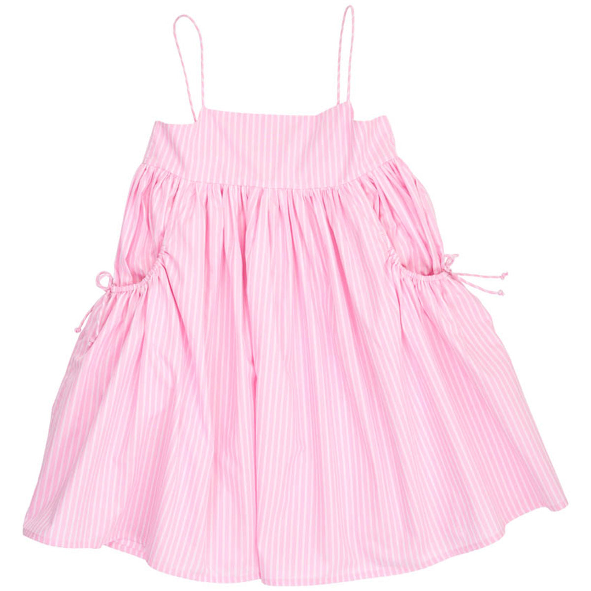 Pink Striped Sleeveless Dress by Christina Rohde, light pink fine stripes with gathered waist and flared skirt