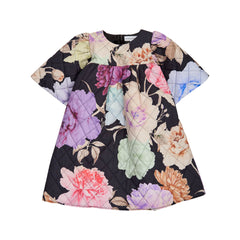 The quilted Black Floral Dress from Christina Rohde with short puff sleeves, a black base and a large multi-color floral print.