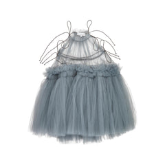 The Grey Tulle Dress by Christina Rohde features sheer layered ruffles and delicate shoulder tie straps.
