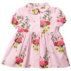 The Baby Pink Floral Dress from Christina Rohde features short sleeves and a front button-up design