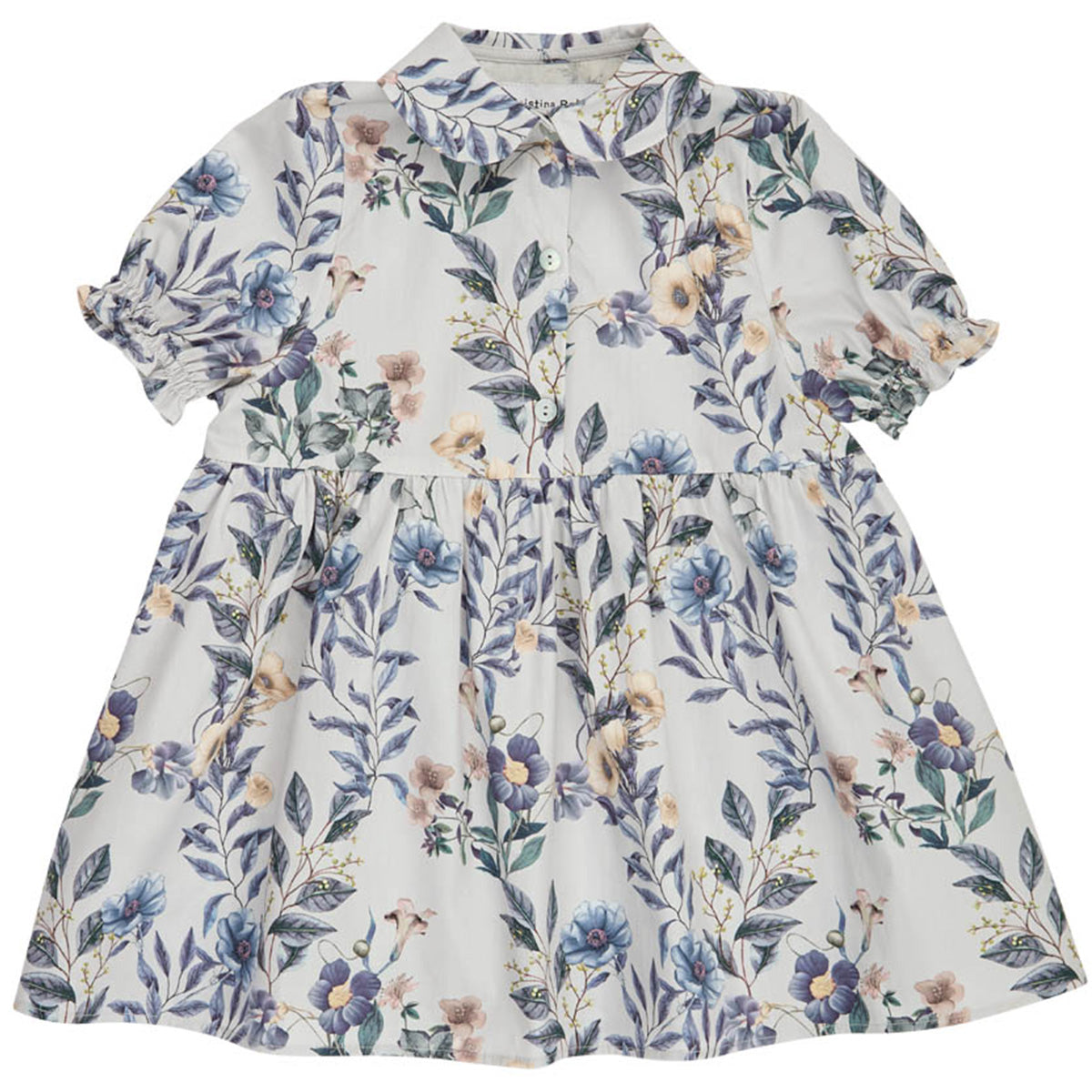 Christina Rohde light blue floral dress with Peter Pan collar, short sleeves, and gathered waist for girls.