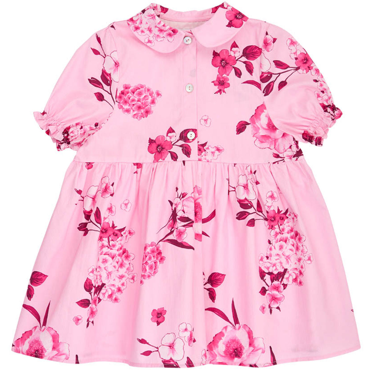 Christina Rohde pink floral dress with Peter Pan collar, puff sleeves, and gathered waist for girls.