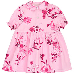 Christina Rohde pink floral dress with Peter Pan collar, puff sleeves, and gathered waist for girls.