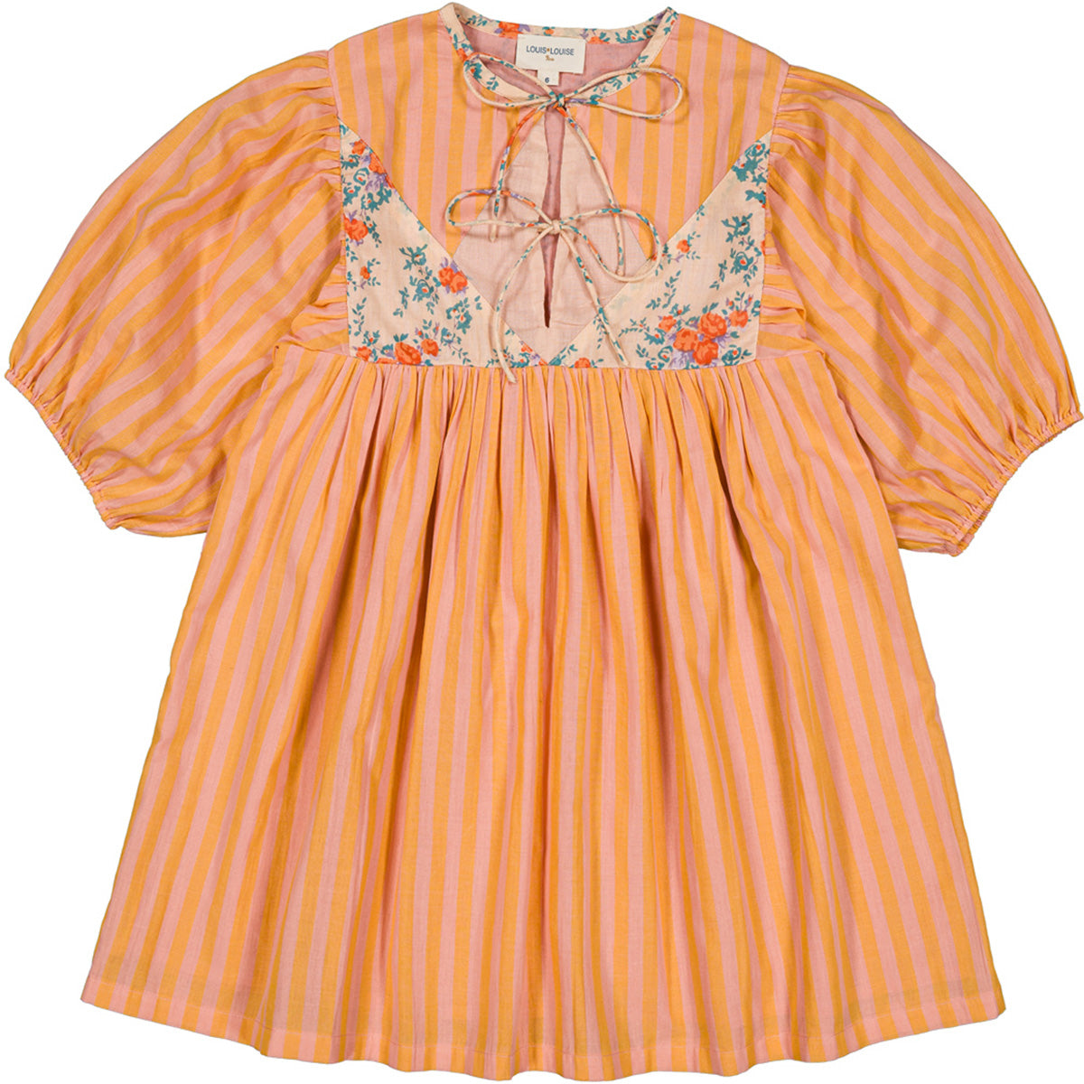 Louis Louise Pauly Cotton Big Stripe Dress in pink-orange stripes with puff sleeves and floral trim.