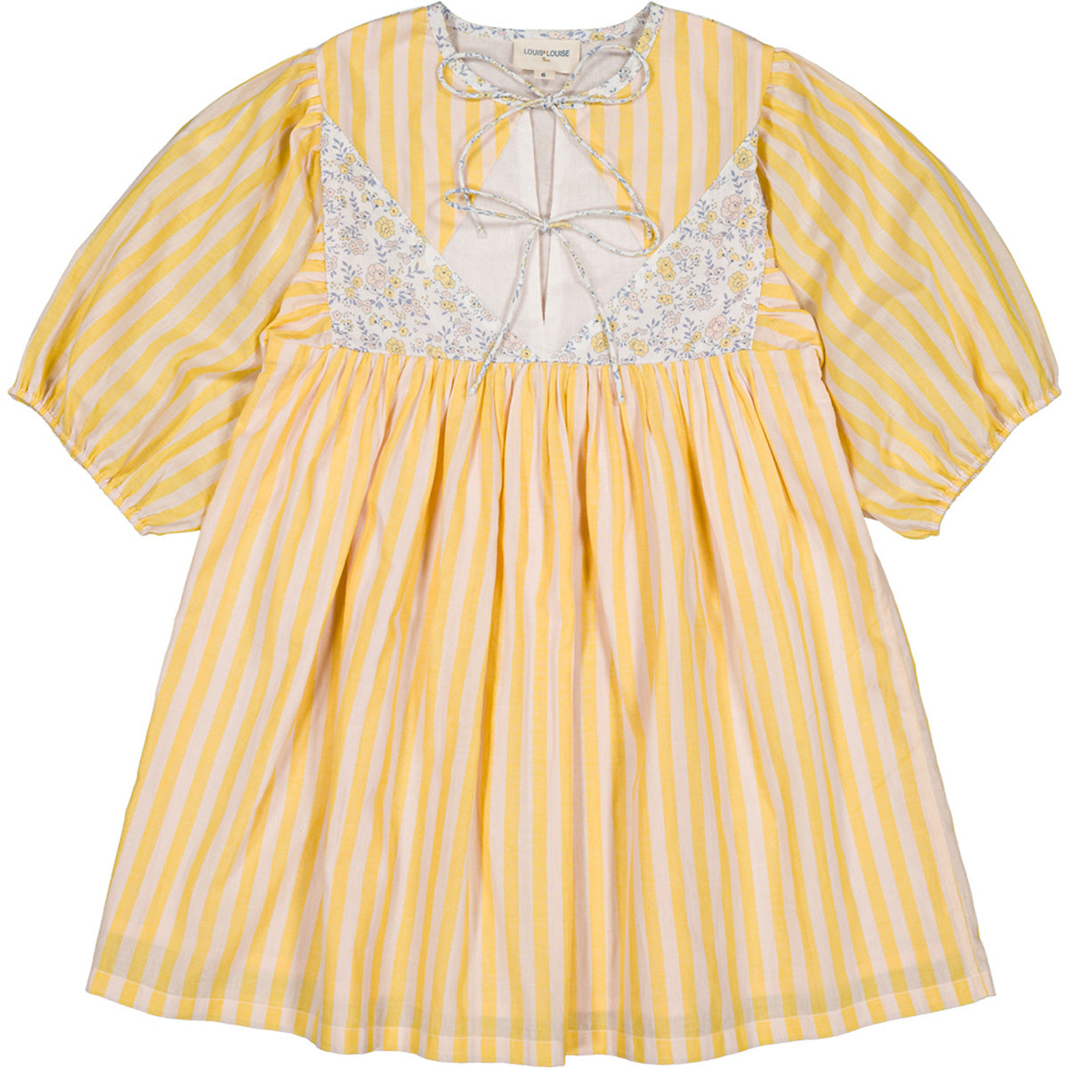Louis Louise Pauly Cotton Big Stripe Dress in yellow-pink stripes with puff sleeves and floral trim.