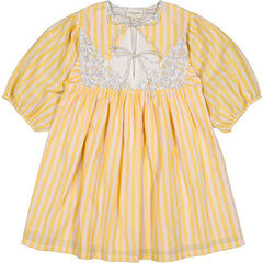 Louis Louise Pauly Cotton Big Stripe Dress in yellow-pink stripes with puff sleeves and floral trim.