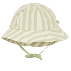 The Bob Baby Stripes Transat from Arsene et Les Pipelettes. Soft sage and cream striped hat with a wide brim and chin ties.