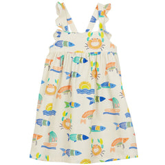Ocean Pattern Dress by Arsene et Les Pipelettes. Ocean print apron dress. Ruffled straps.