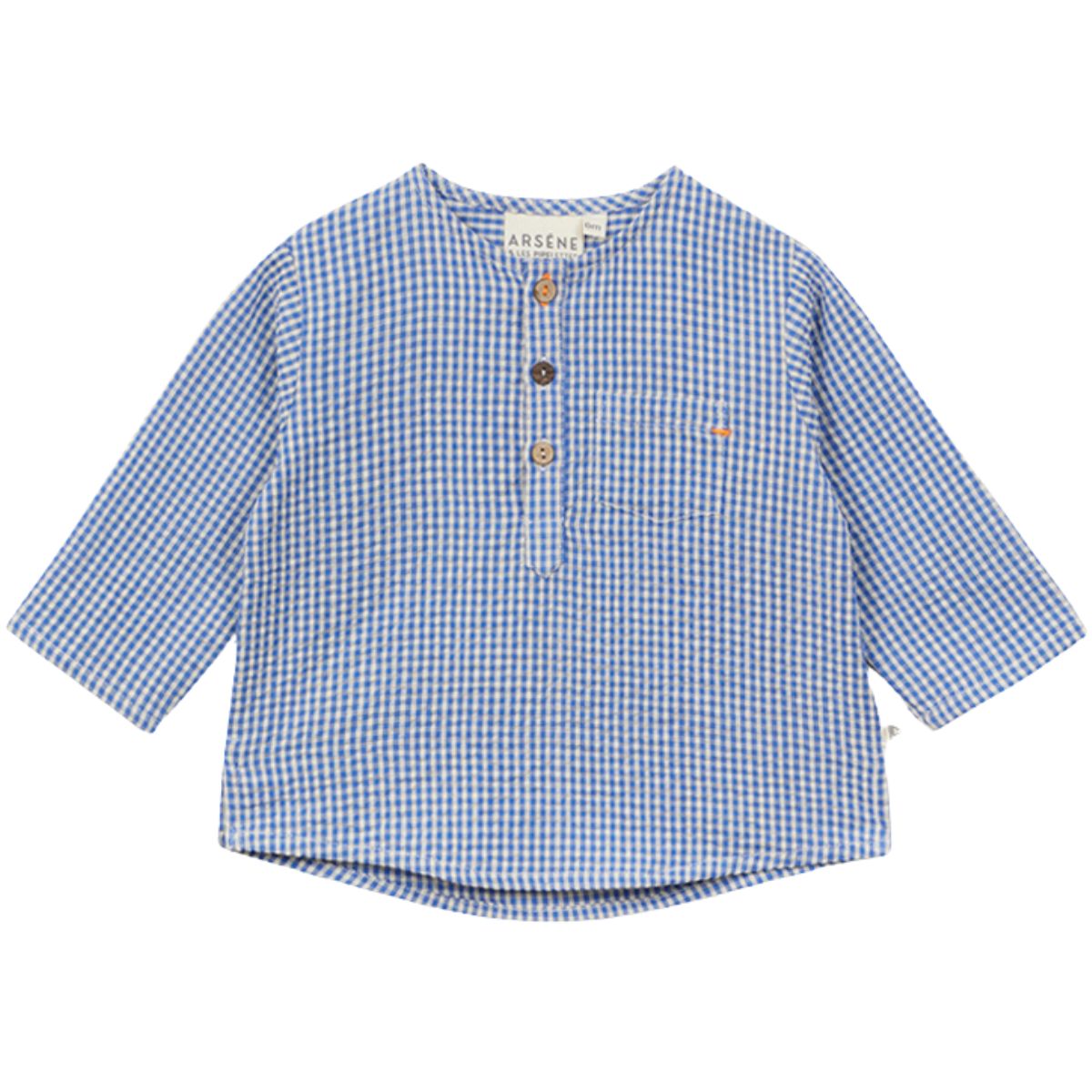 Arsene et Les Pipelettes Gingham Baby Tunic, blue gingham long-sleeve with round neck and button placket.