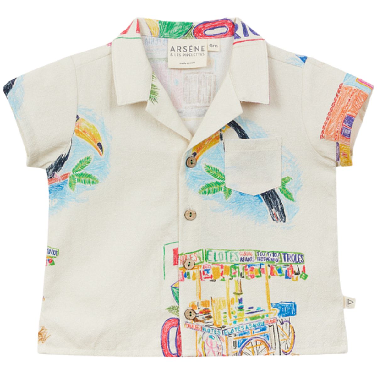 Arsene et Les Pipelettes Cocos Frios Baby Shirt, short-sleeve button shirt with tropical print and chest pocket.