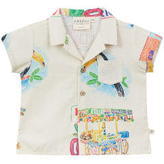 Arsene et Les Pipelettes Cocos Frios Baby Shirt, short-sleeve button shirt with tropical print and chest pocket.