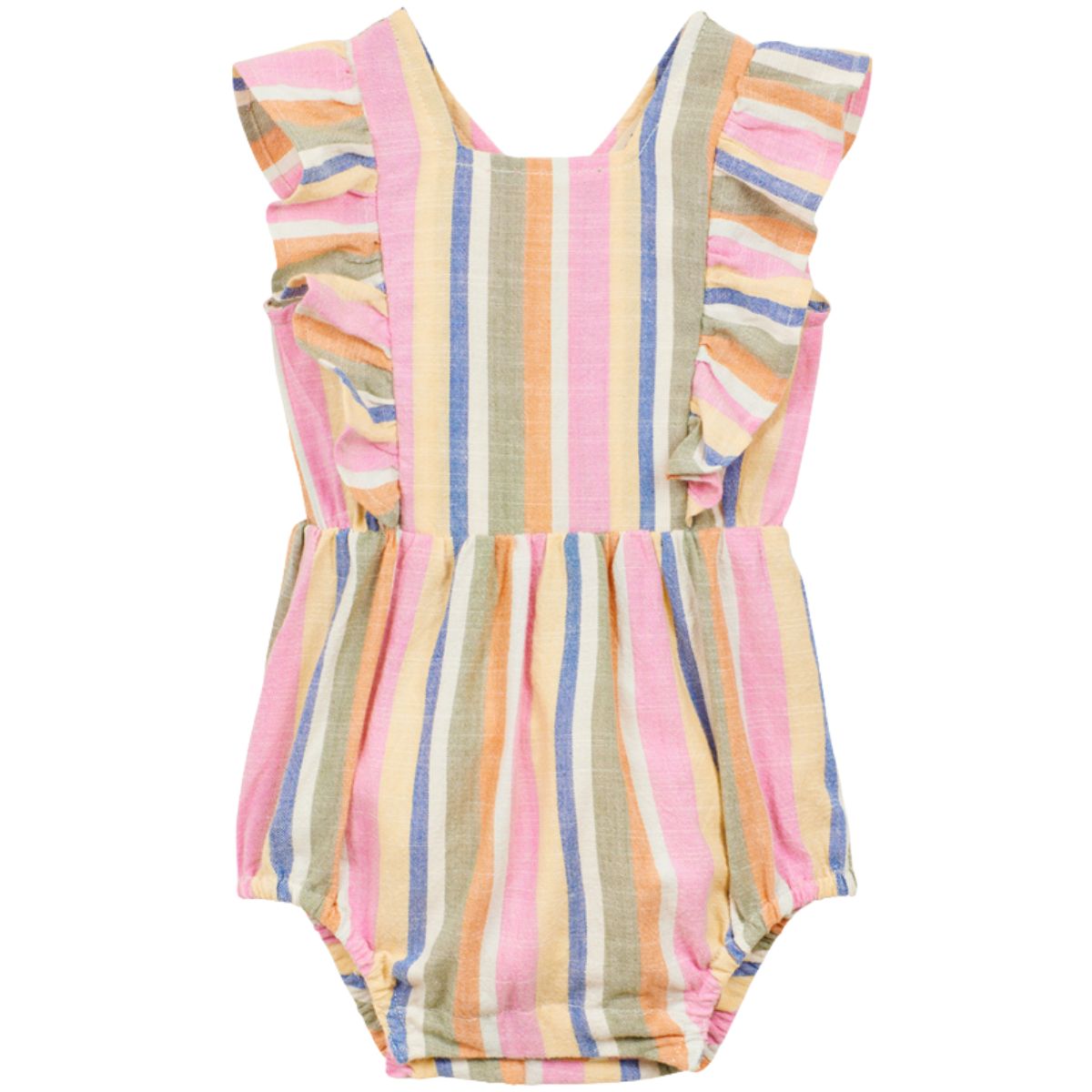 Arsene et Les Pipelettes Bayaderes Striped Romper, multicolor striped cotton romper with ruffled sleeves and elastic waist.