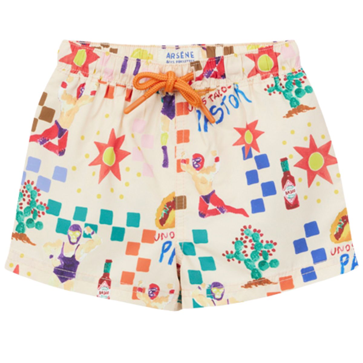 Arsene et Les Pipelettes Lucha Libre baby broadshort with colorful print and drawstring waist kids summer shorts.