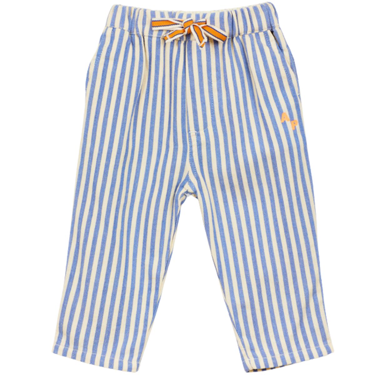 Arsene et Les Pipelettes Baby Striped Pants For Bouncer, blue and cream striped pants with elastic waist and tie.