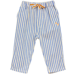 Arsene et Les Pipelettes Baby Striped Pants For Bouncer, blue and cream striped pants with elastic waist and tie.
