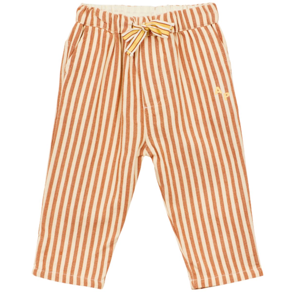 Arsene et Les Pipelettes Baby Striped Pants For Bouncer, brown and cream striped pants with elastic waist and tie.