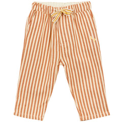 Arsene et Les Pipelettes Baby Striped Pants For Bouncer, brown and cream striped pants with elastic waist and tie.