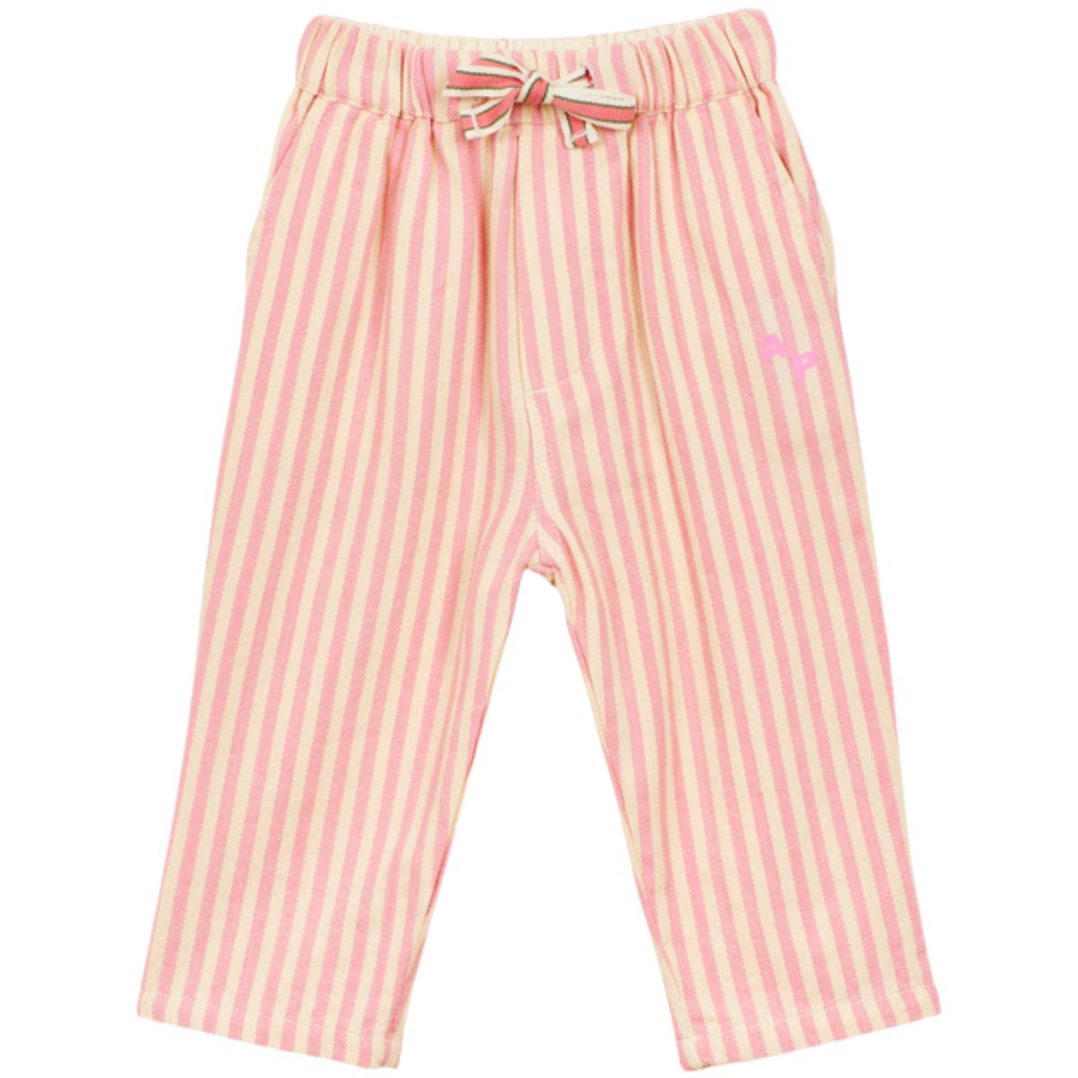 Arsene et Les Pipelettes Baby Striped Pants For Bouncer, pink and cream striped pants with elastic waist and tie.