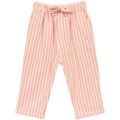 Arsene et Les Pipelettes Baby Striped Pants For Bouncer, pink and cream striped pants with elastic waist and tie.