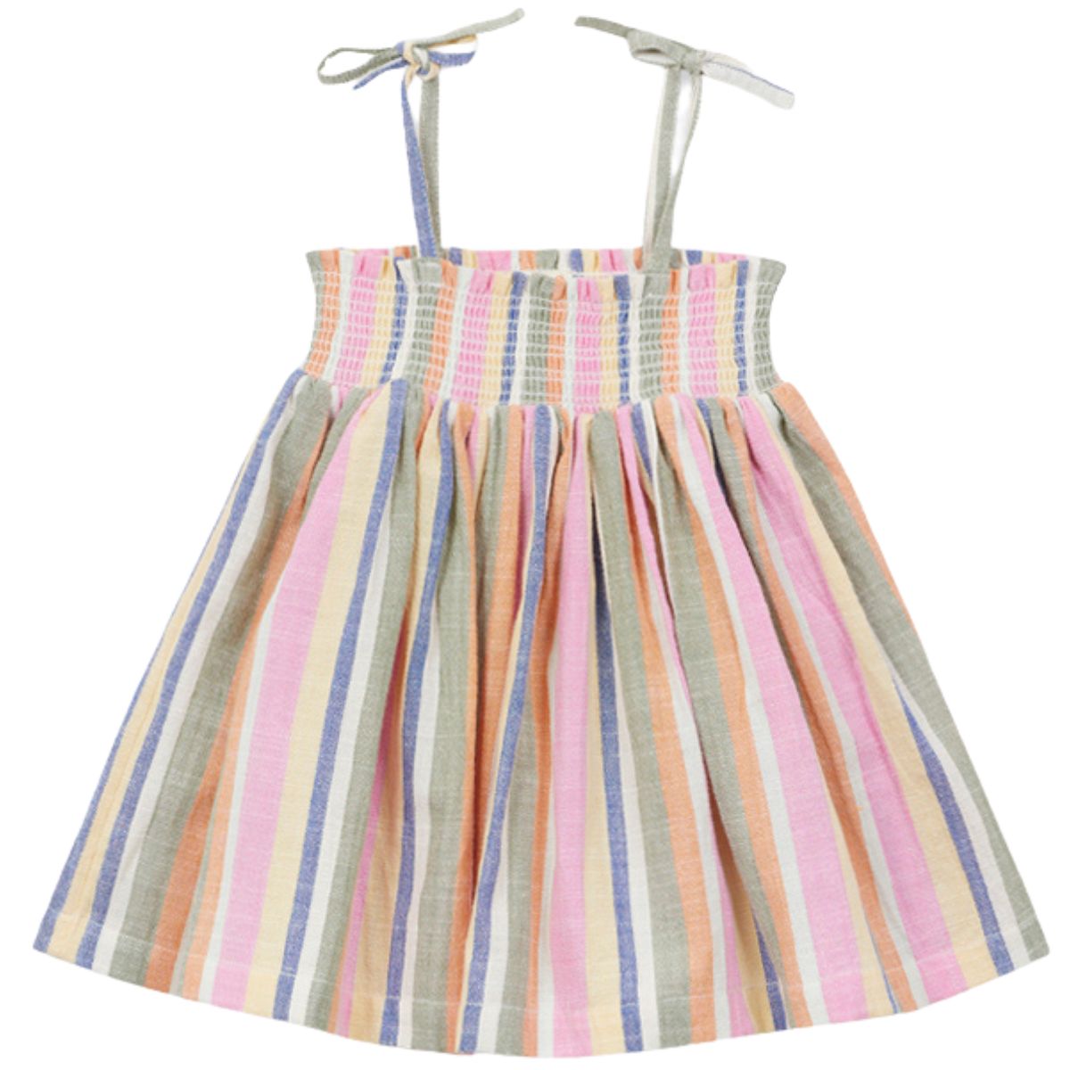 Baby dress with multicolor vertical stripes, smocked bodice, gathered skirt and adjustable tie shoulder straps.