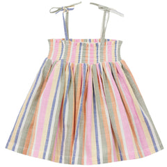 Baby dress with multicolor vertical stripes, smocked bodice, gathered skirt and adjustable tie shoulder straps.