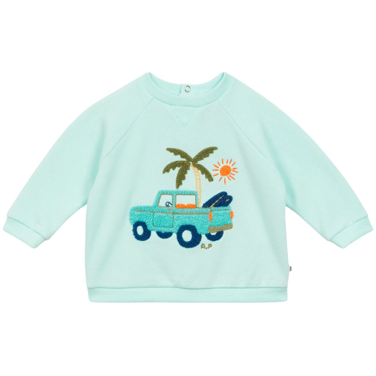Arsene et Les Pipelettes pick up baby sweatshirt aqua with truck palm tree and sun graphic soft cotton baby top.