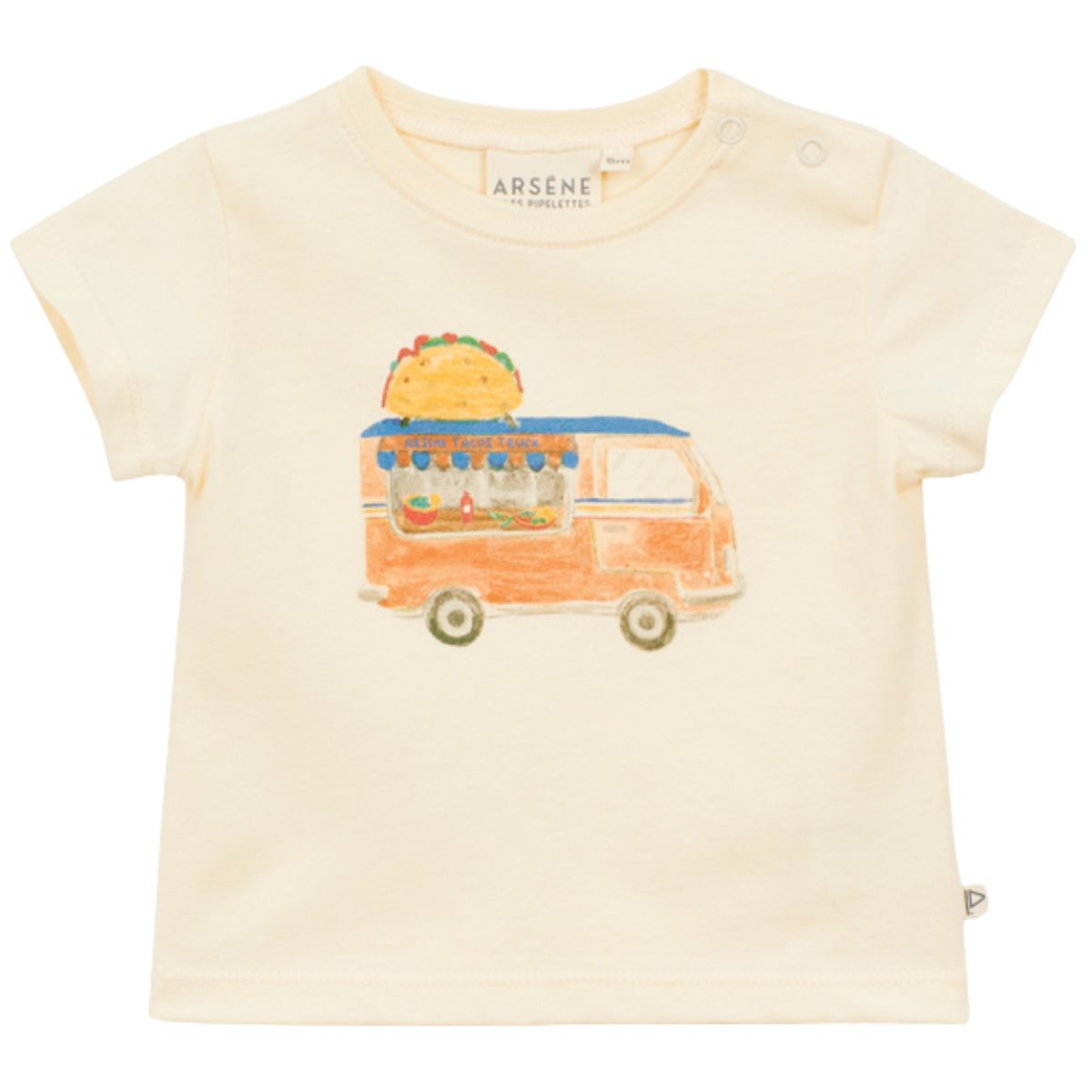Arsene et Les Pipelettes Baby Tacos Truck Tee, cream short-sleeve T-shirt with taco truck graphic.