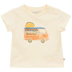 Arsene et Les Pipelettes Baby Tacos Truck Tee, cream short-sleeve T-shirt with taco truck graphic.
