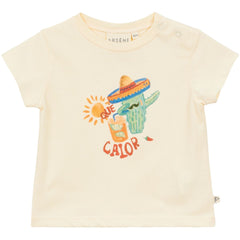Cream baby T-shirt with cactus graphic, sombrero and sun print, short sleeves and shoulder snap buttons.