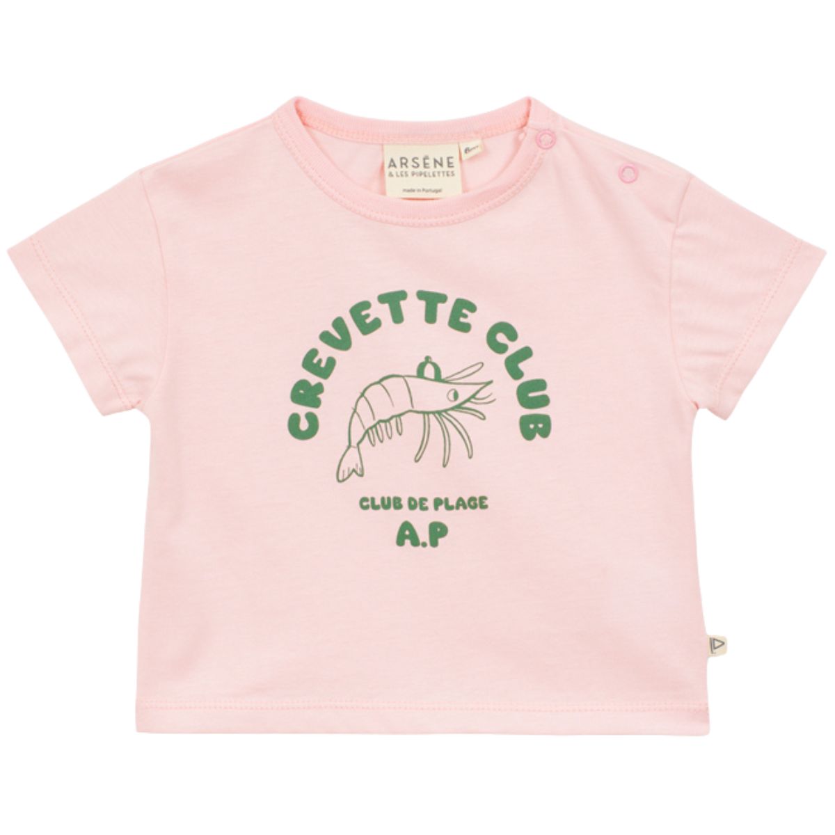 Pink baby T-shirt with shrimp graphic and “Crevette Club” print, short sleeves and shoulder snap buttons.