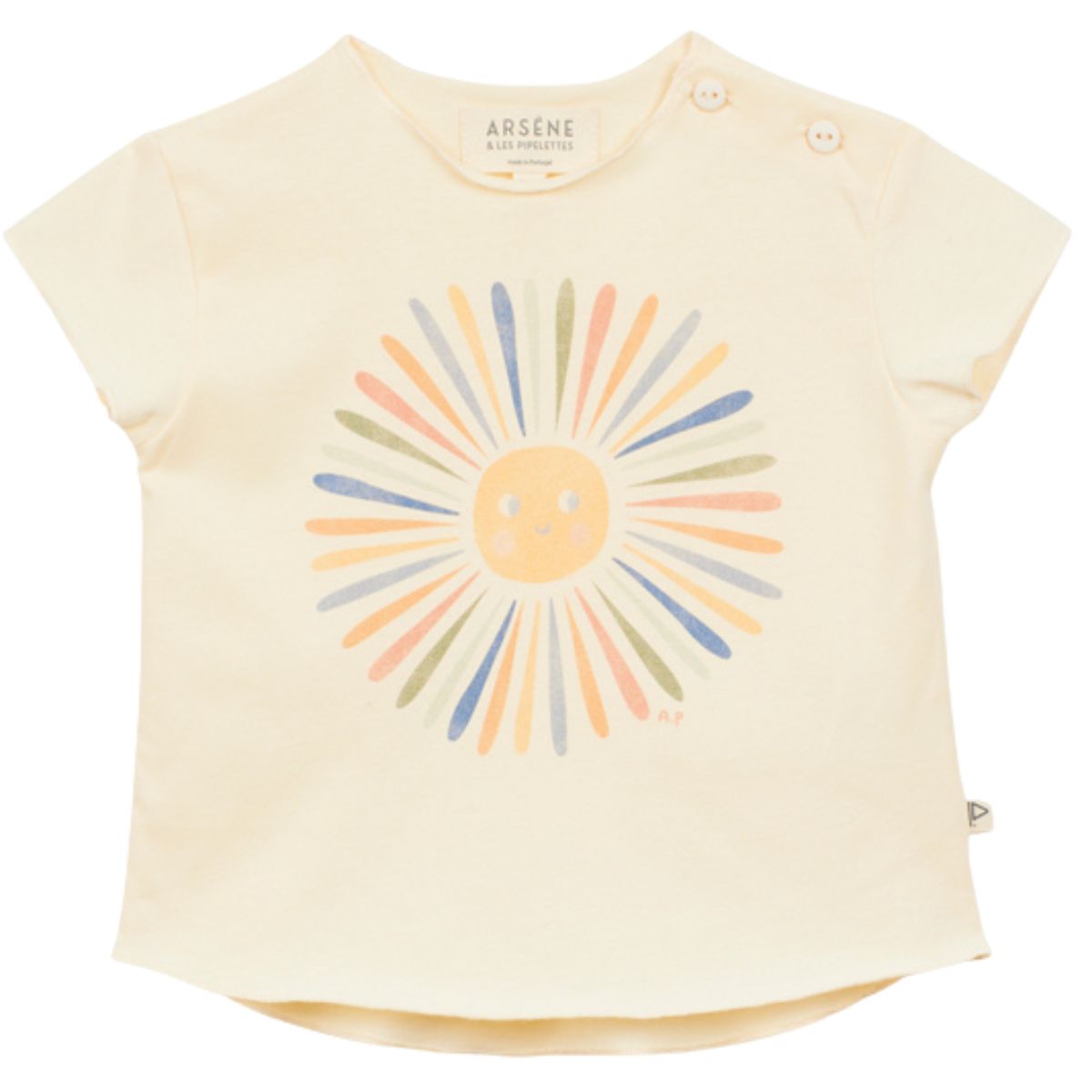 Arsene et Les Pipelettes Neon Striped Baby Tee, cream short-sleeve T-shirt with colorful sun graphic.