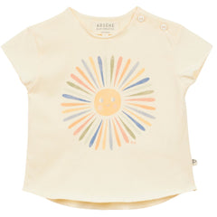 Arsene et Les Pipelettes Neon Striped Baby Tee, cream short-sleeve T-shirt with colorful sun graphic.