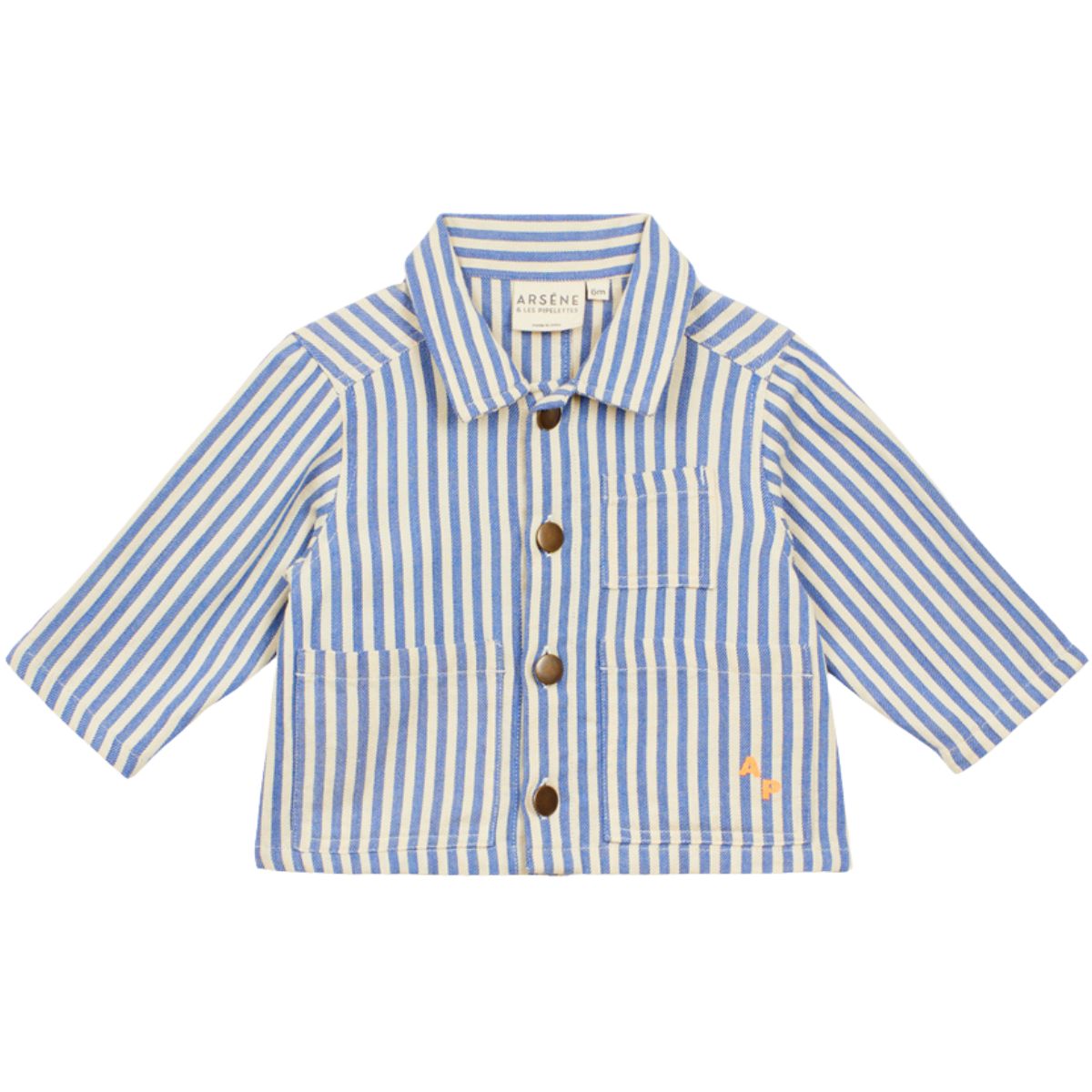 Arsene et Les Pipelettes Transat Stripes Baby Jacket, blue and cream striped jacket with collar and front buttons.