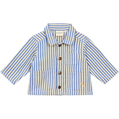 Arsene et Les Pipelettes Transat Stripes Baby Jacket, blue and cream striped jacket with collar and front buttons.