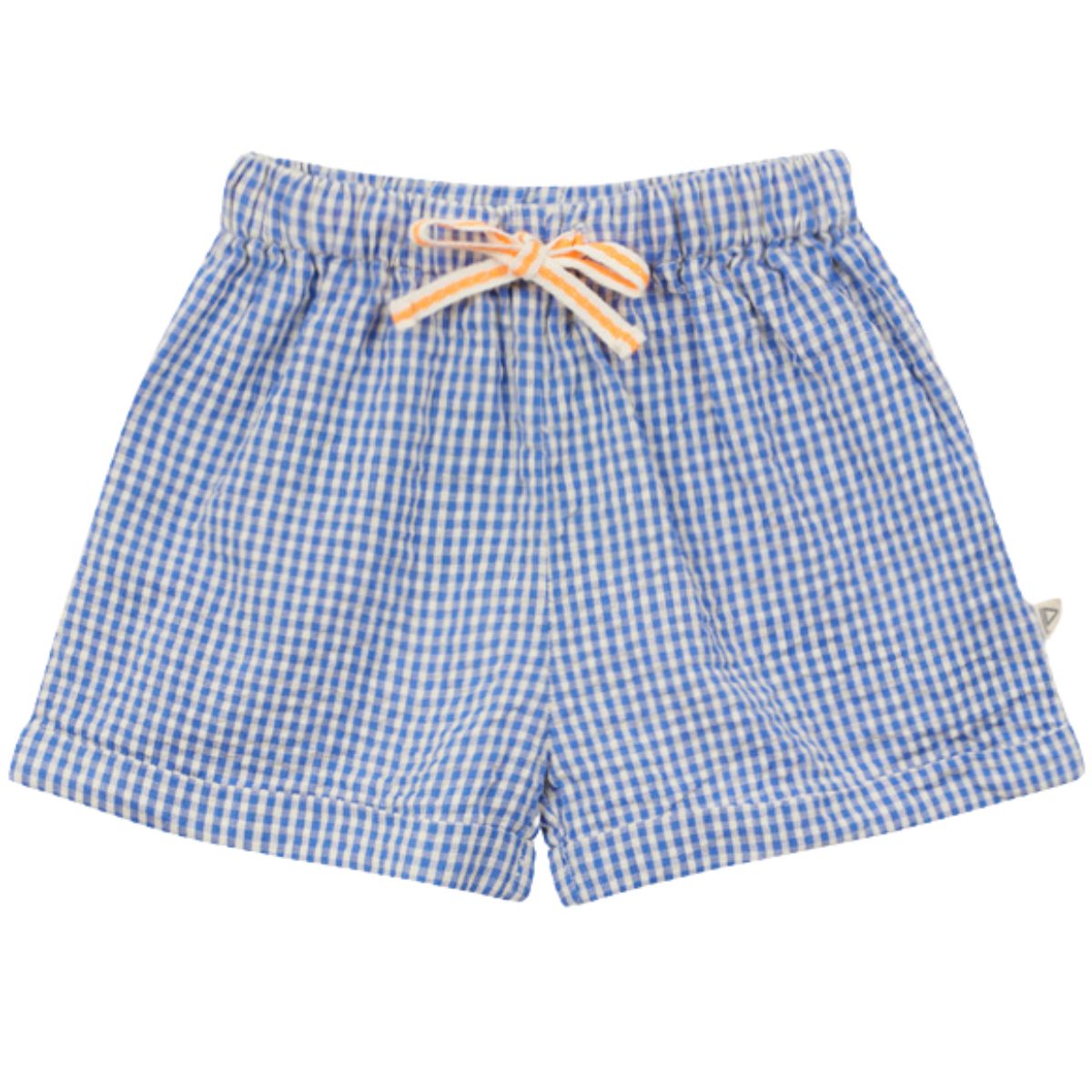 Arsene et les Pipelettes Gingham Baby Shorts blue gingham shorts with elastic waist and drawstring.