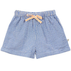 Arsene et les Pipelettes Gingham Baby Shorts blue gingham shorts with elastic waist and drawstring.