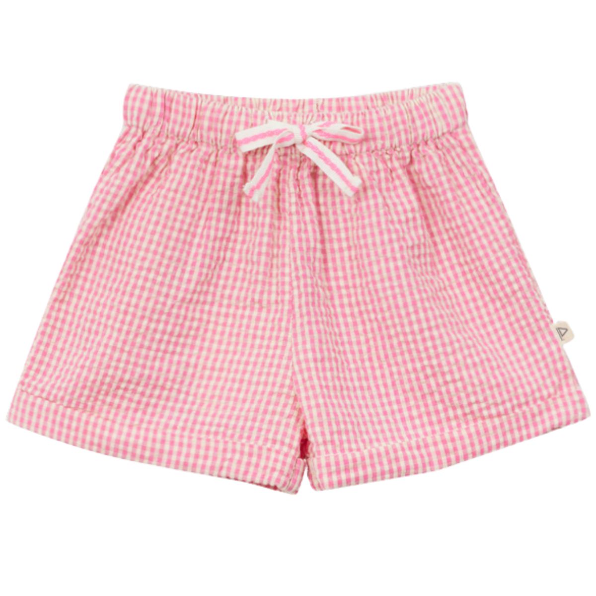 Arsene et les Pipelettes Gingham Baby Shorts blue gingham shorts with elastic waist and drawstring.