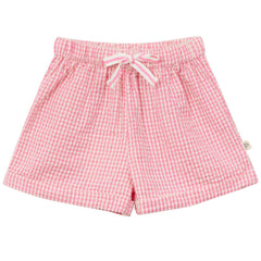 Arsene et les Pipelettes Gingham Baby Shorts blue gingham shorts with elastic waist and drawstring.