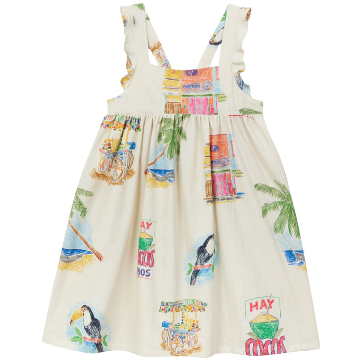 Arsene et Les Pipelettes Cocos Frios Dress, sleeveless dress with tropical print and gathered skirt.