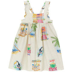 Arsene et Les Pipelettes Cocos Frios Dress, sleeveless dress with tropical print and gathered skirt.