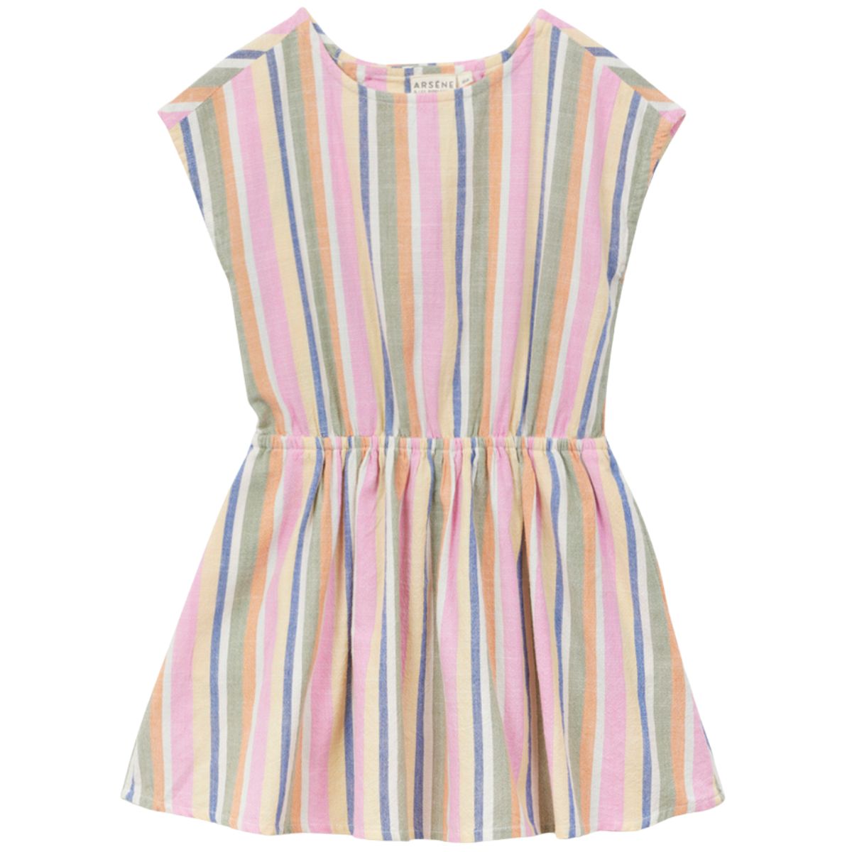 Arsene et Les Pipelettes Bayadere Striped Dress, sleeveless dress with multicolor vertical stripes.