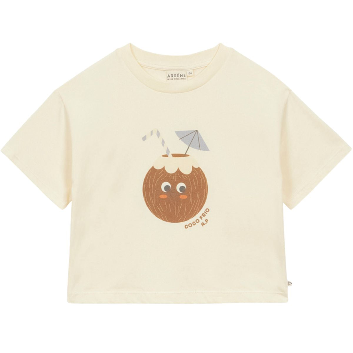 Arsène et Les Pipelettes Coconut Tee in cream with short sleeves and coconut drink graphic on the front.