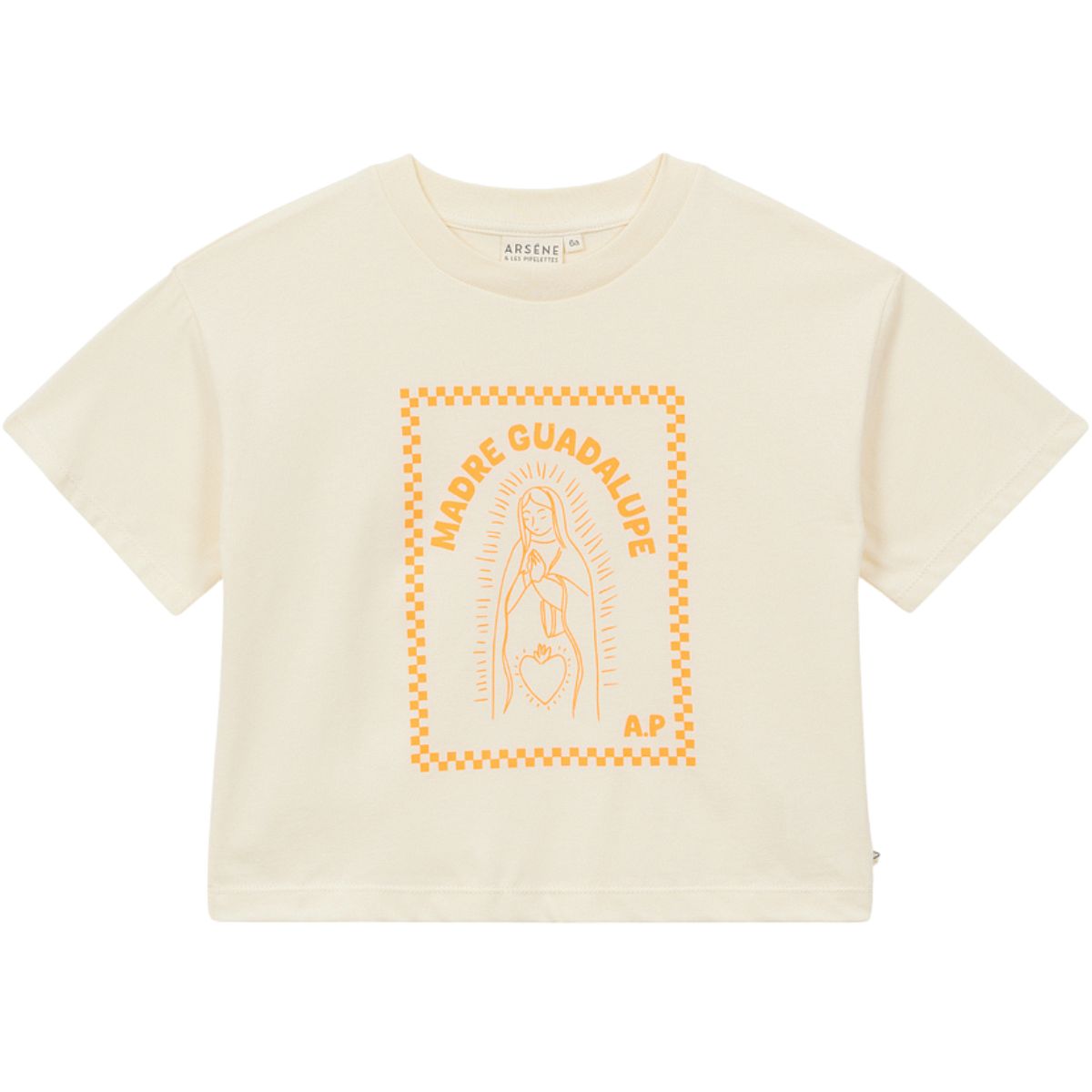 Arsene et Les Pipelettes Guadalupe tee cream t-shirt with orange Madre Guadalupe graphic kids cotton top